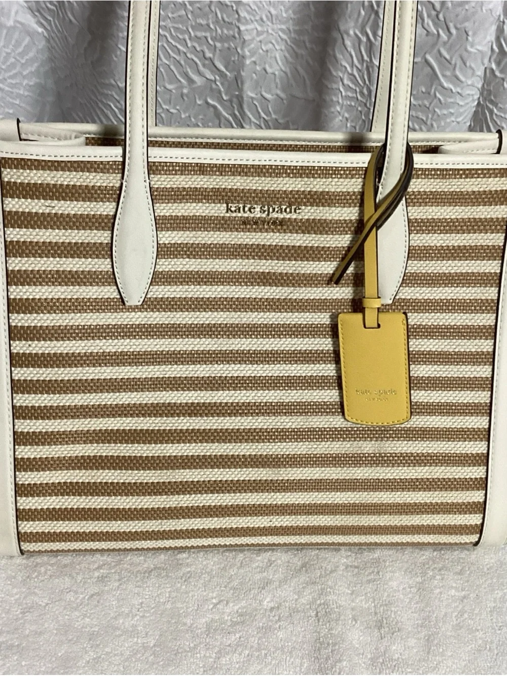 Kate Spade Market Stripe Medium Parchment Color Woven Canvas Tote Bag w/ Charm